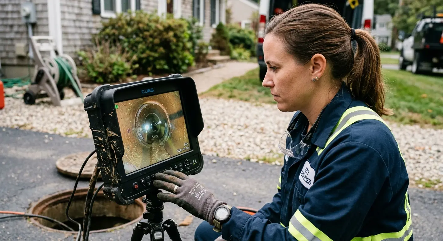 Technician reviewing sewer camera inspection footage in Carson