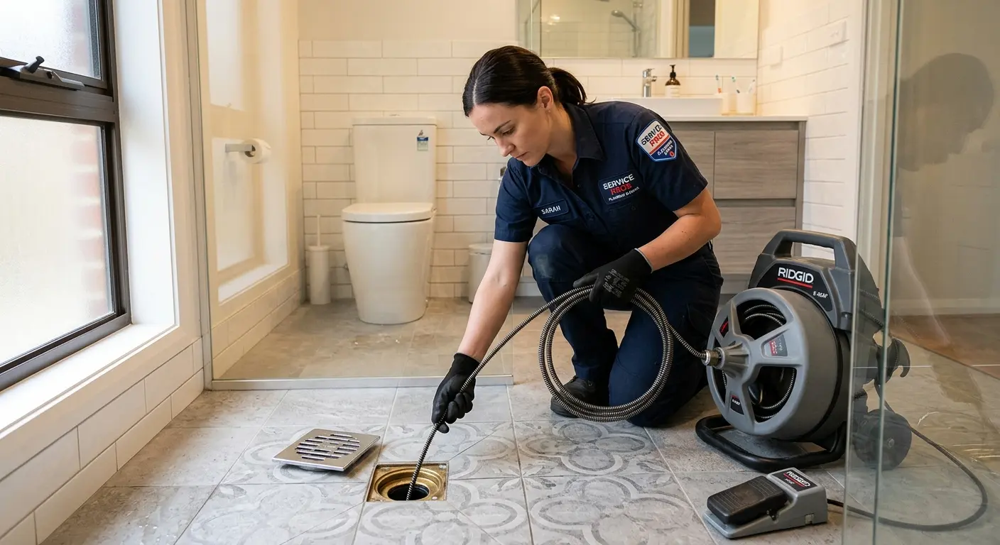 Technician clearing a bathroom floor drain for Sewer Line Installation in Carson